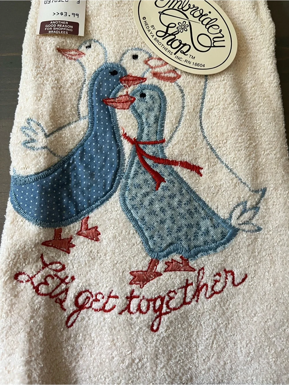 80s 90s Country Goose Dish Towels Set of 2 Embroidered Lets Get Together NOS NWT